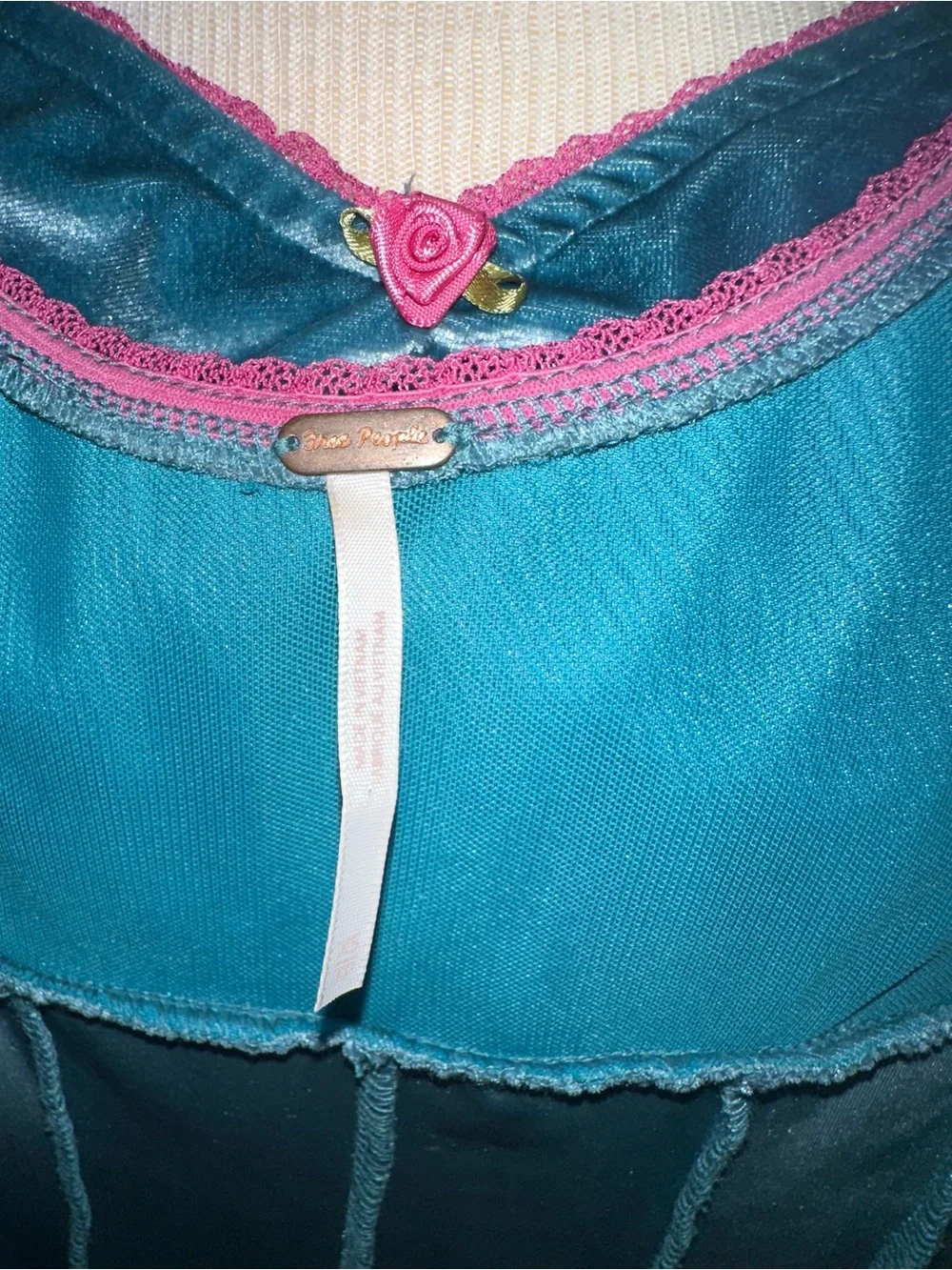 Free People Teal Velvet Mini Dress with Pink Trim
